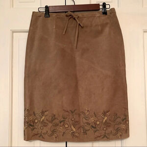 100% Brown Leather Skirt Boho Painted Floral Design